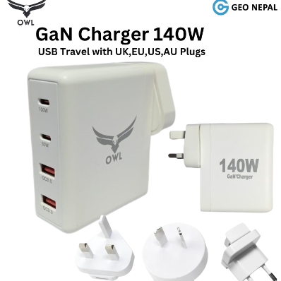 Gan Charger 140W With 4 Port ,UK,EU,US,AU Plugs, Brand Owl